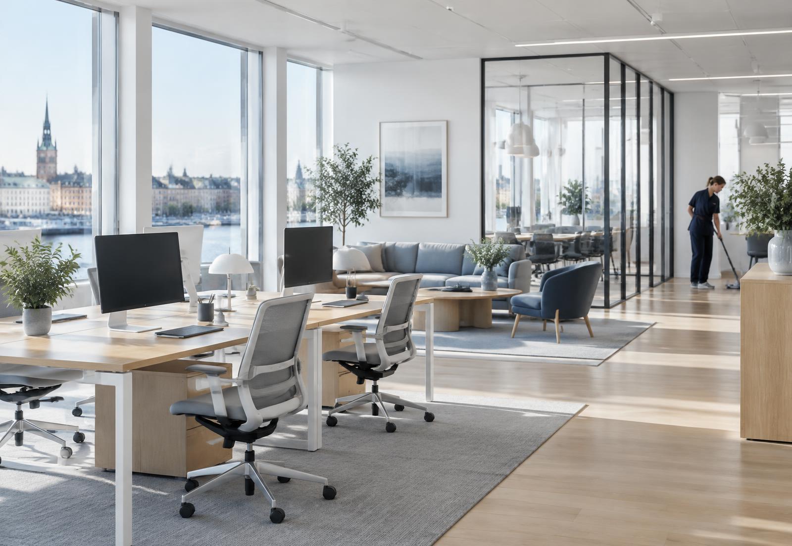Modernt, städat kontor i Stockholm med utsikt över Gamla stan